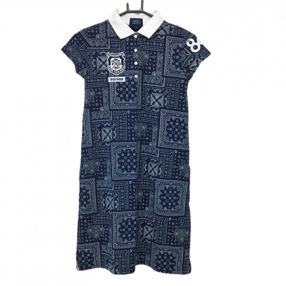 【美品】パーリーゲイツ 半袖ポロワンピース ネイビー×白 総柄 内側ニコちゃん  レディース 0(S) ゴルフウェア PEARLY GATES