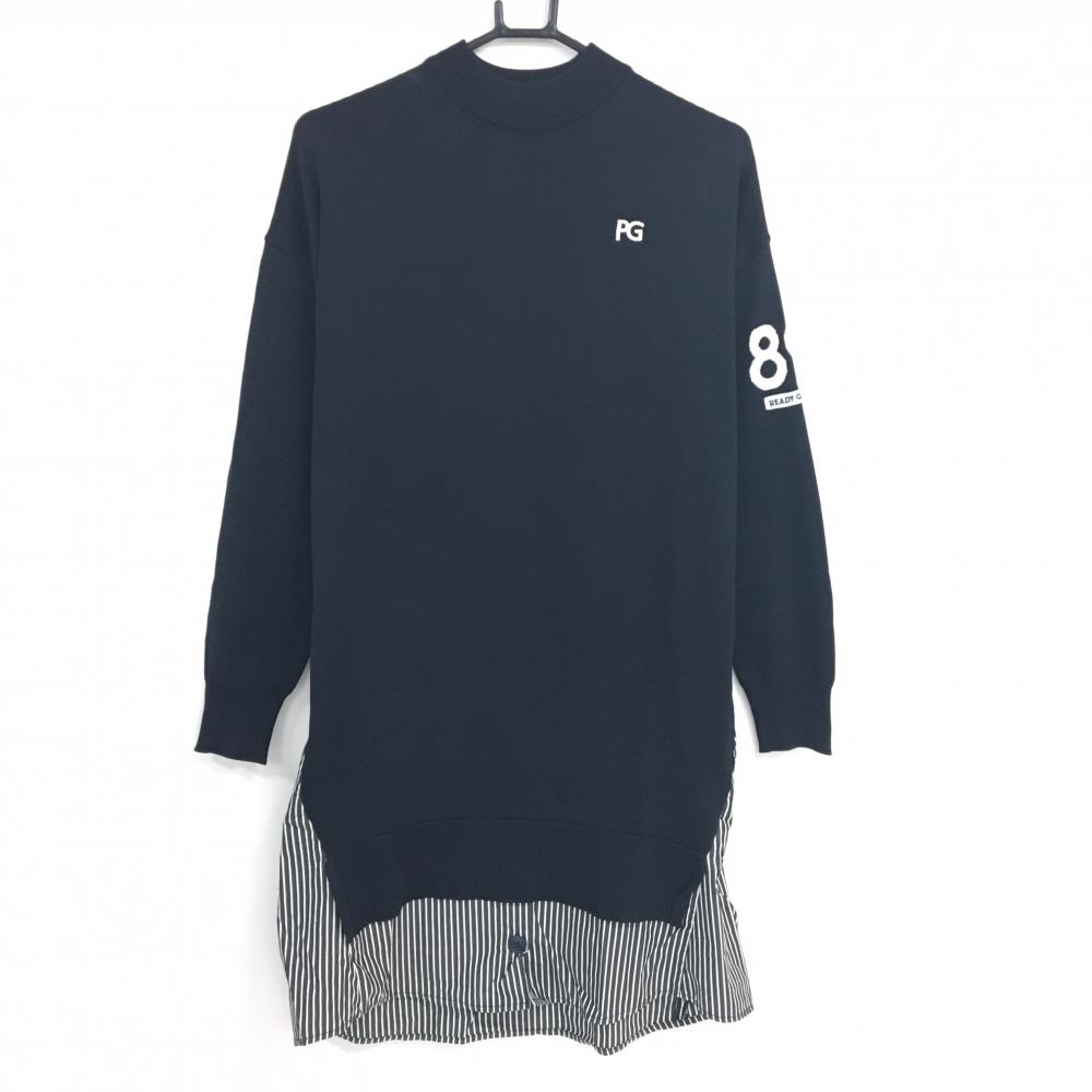 【超美品】パーリーゲイツ ハイネックワンピース ネイビー×白 上部ニット 裾ストライプ レディース 1(M) ゴルフウェア PEARLY GATES