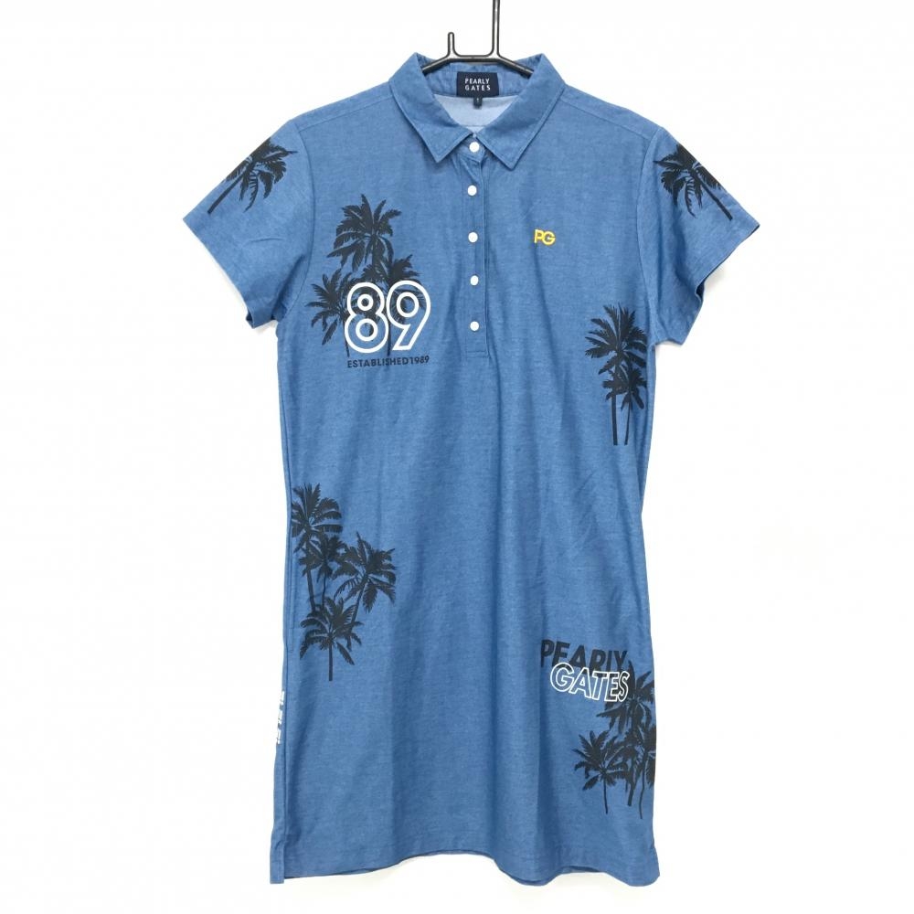 【超美品】パーリーゲイツ 半袖ポロワンピース 杢ブルー系×黒×白 総柄 ヤシの木 レディース 1(M) ゴルフウェア PEARLY GATES