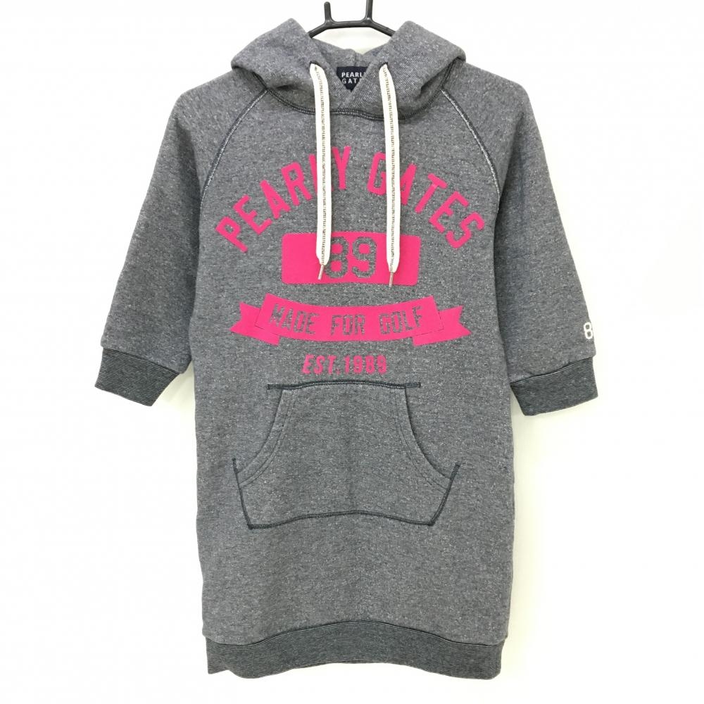 パーリーゲイツ 五分袖ワンピース 杢ネイビー×ピンク フロッキーロゴ 裏起毛 レディース 0(S) ゴルフウェア PEARLY GATES