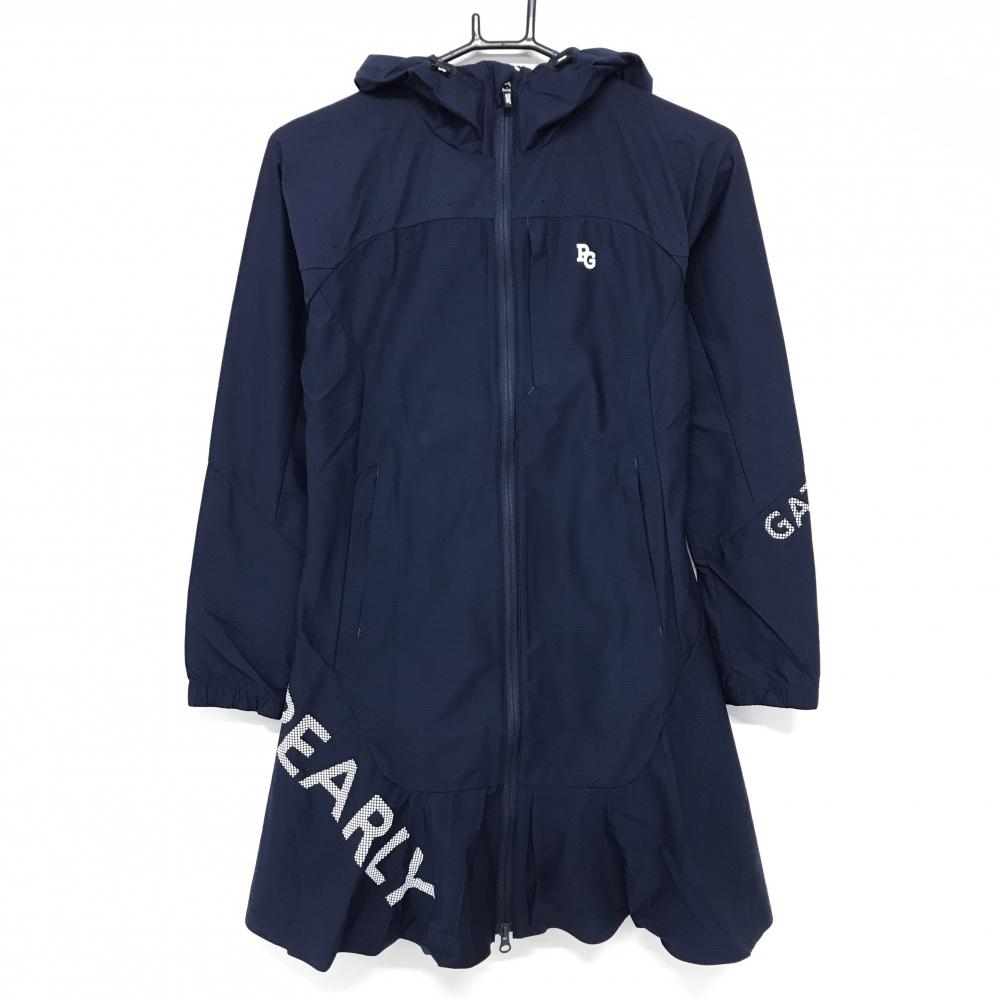 【新品】パーリーゲイツ フード付き長袖ワンピース ネイビー×白 ロゴプリント 一部パンチング レディース 0(S) ゴルフウェア PEARLY GATES