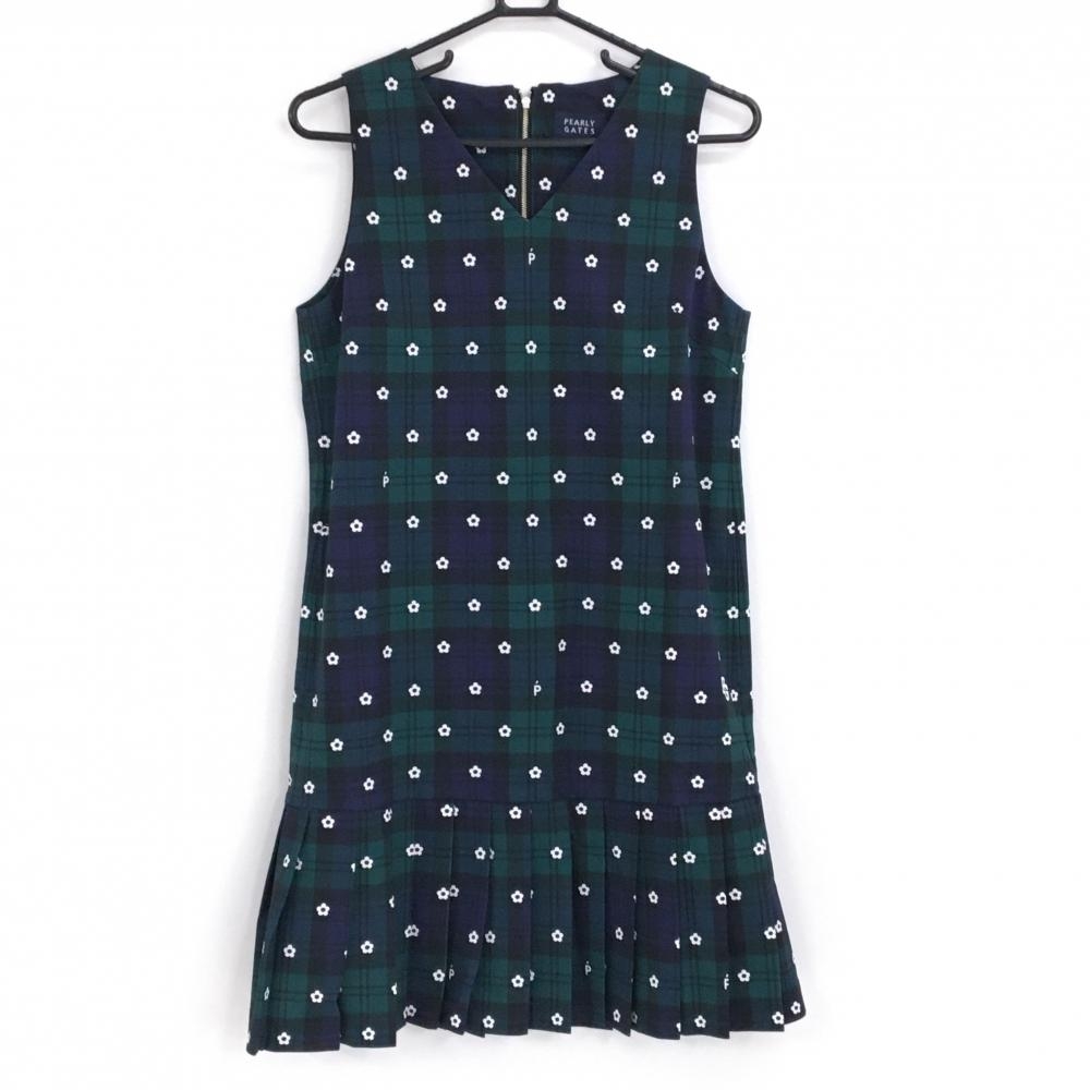 【新品】パーリーゲイツ ノースリーブワンピース グリーン×ネイビー×白 チェック柄 花柄  レディース 0(S) ゴルフウェア PEARLY GATES
