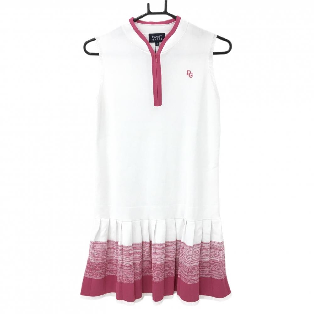 【新品】パーリーゲイツ ノースリーブニットワンピース 白×ピンク ハーフジップ ロゴ刺しゅう レディース 1(M) ゴルフウェア PEARLY GATES