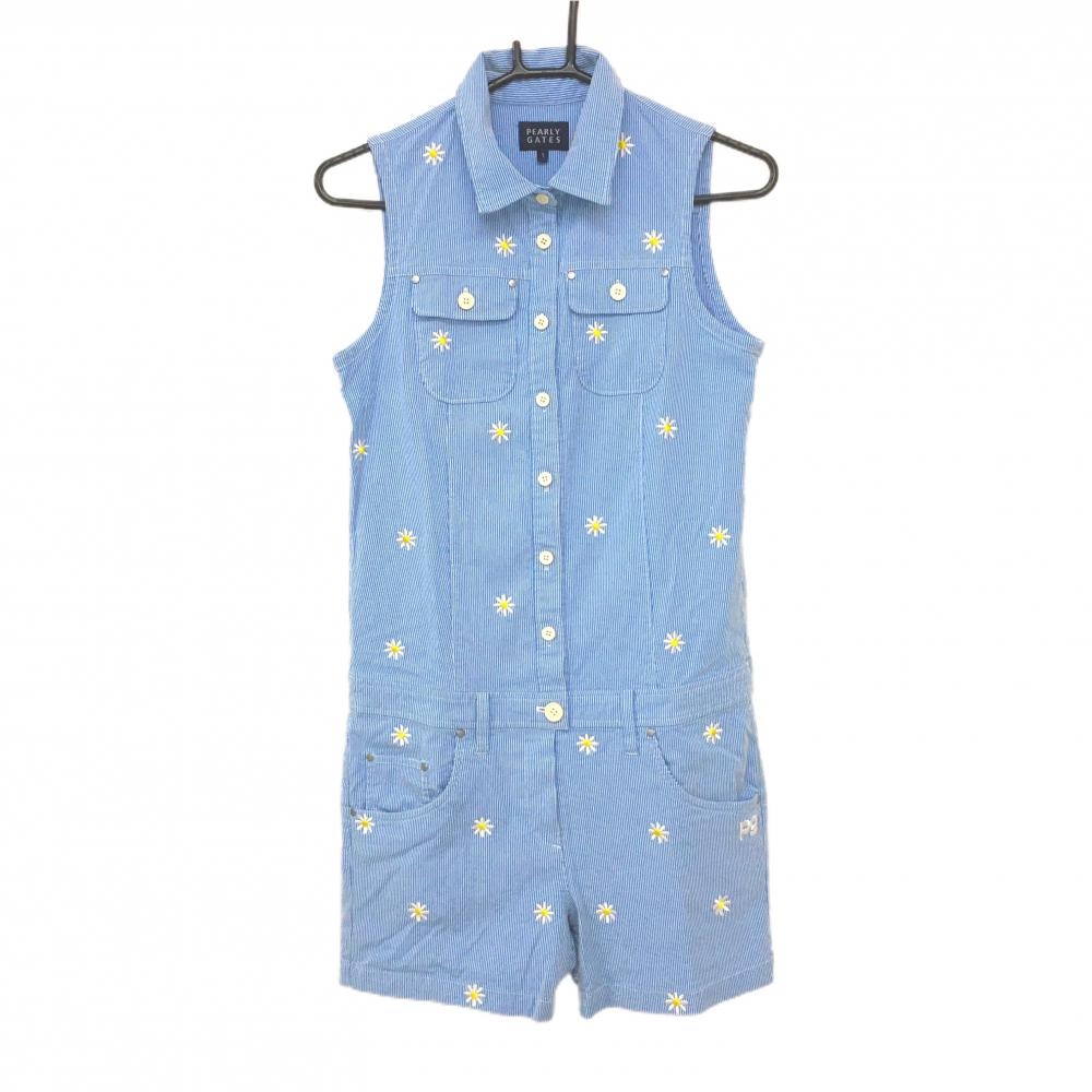 【超美品】パーリーゲイツ ノースリーブオールインワン ライトブルー×白 ストライプ 花柄  レディース 1(M) ゴルフウェア PEARLY GATES