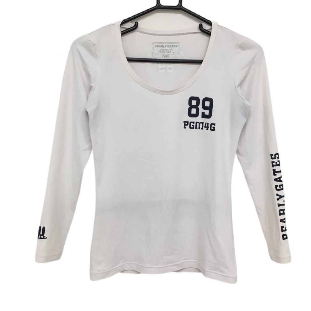 パーリーゲイツ インナーシャツ 白×ネイビー Uネック 袖ロゴ レディース 0(S) ゴルフウェア PEARLY GATES