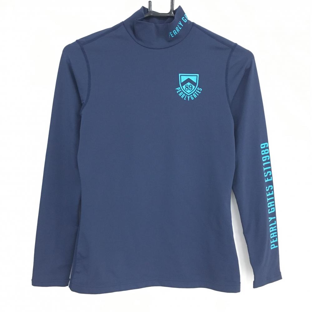 【超美品】パーリーゲイツ ハイネックインナーシャツ ネイビー×ブルーグリーン 袖ロゴ レディース 1(M) ゴルフウェア PEARLY GATES