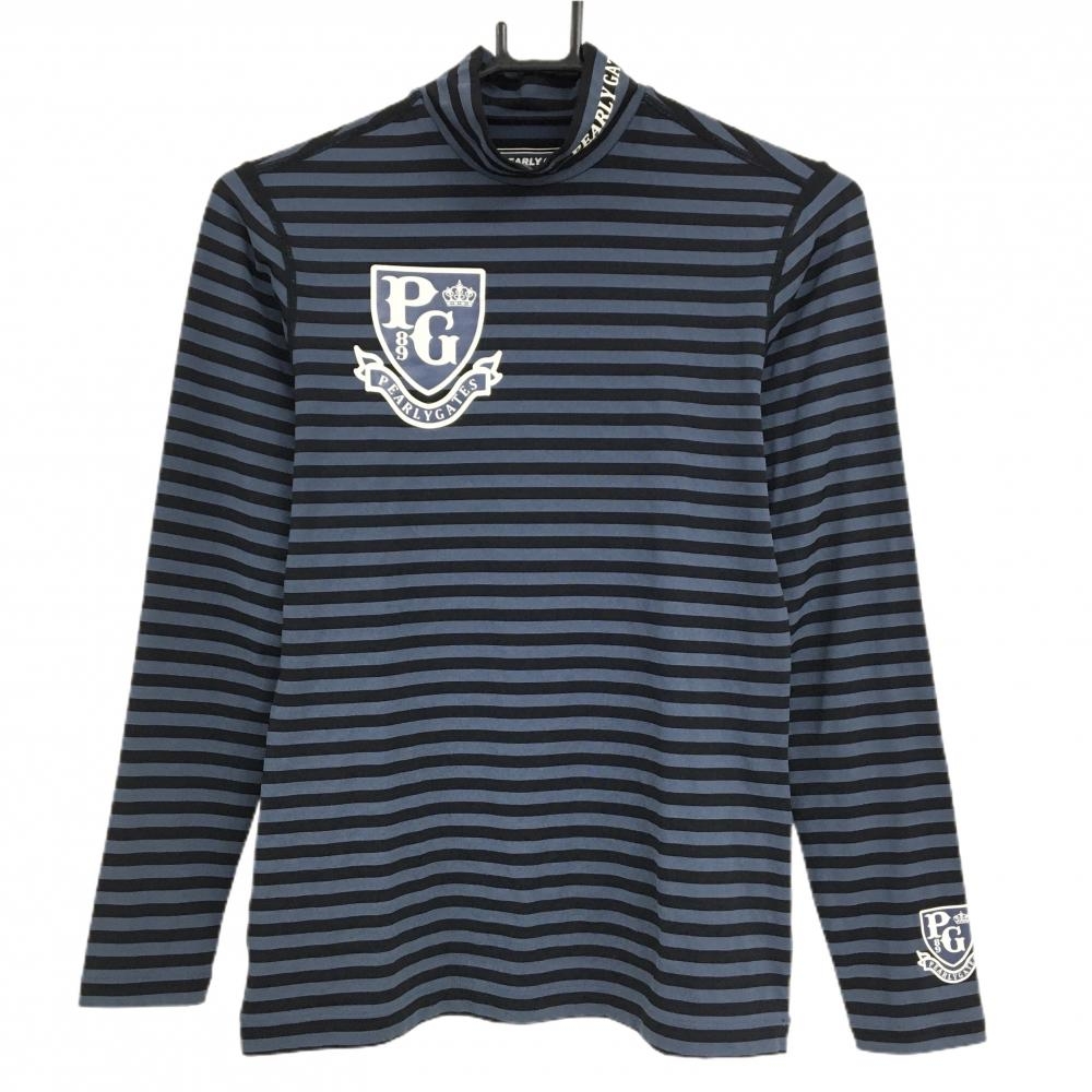 【超美品】パーリーゲイツ ハイネックインナーシャツ グレー×ネイビー ボーダー ストレッチ レディース 2(L) ゴルフウェア PEARLY GATES