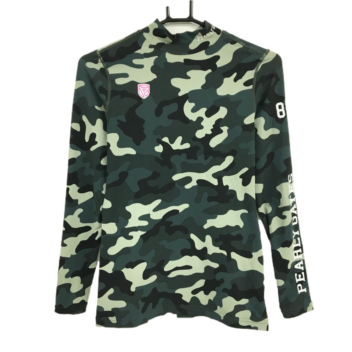 【美品】パーリーゲイツ ハイネックインナーシャツ カーキ×黒 カモフラ 迷彩 レディース 1(M) ゴルフウェア PEARLY GATES
