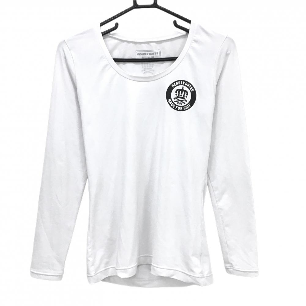 【美品】パーリーゲイツ インナーシャツ 白×黒 ロゴプリント ストレッチ レディース 2(L) ゴルフウェア PEARLY GATES