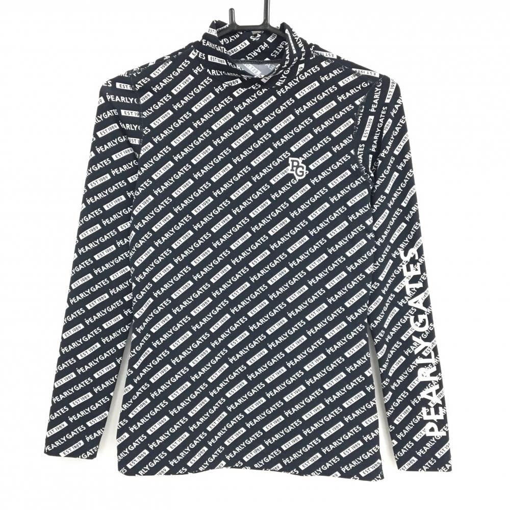 パーリーゲイツ ハイネックインナーシャツ 黒×白 英字ロゴ総柄 斜めボーダー調 ストレッチ レディース 0(S) ゴルフウェア PEARLY GATES