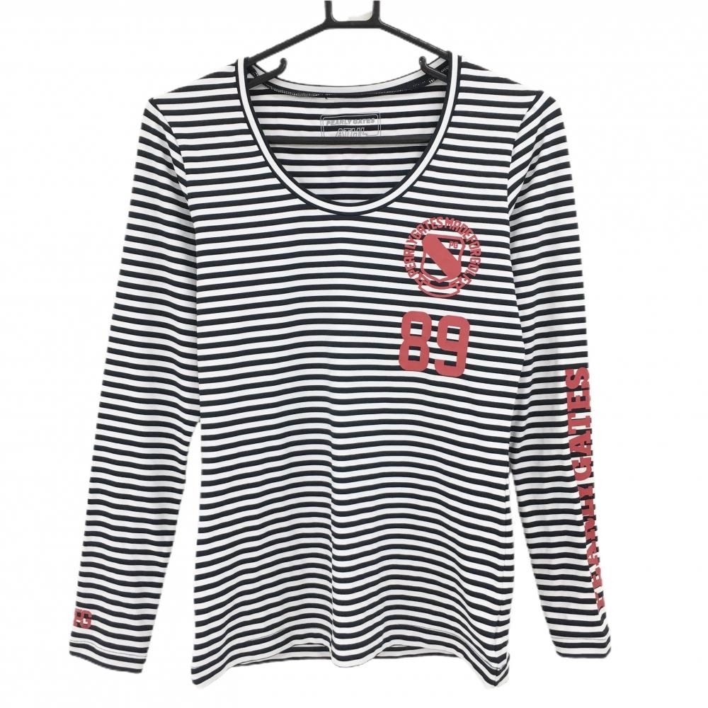 【超美品】パーリーゲイツ インナーシャツ 白×ネイビー ボーダー ストレッチ レディース 2(L) ゴルフウェア PEARLY GATES