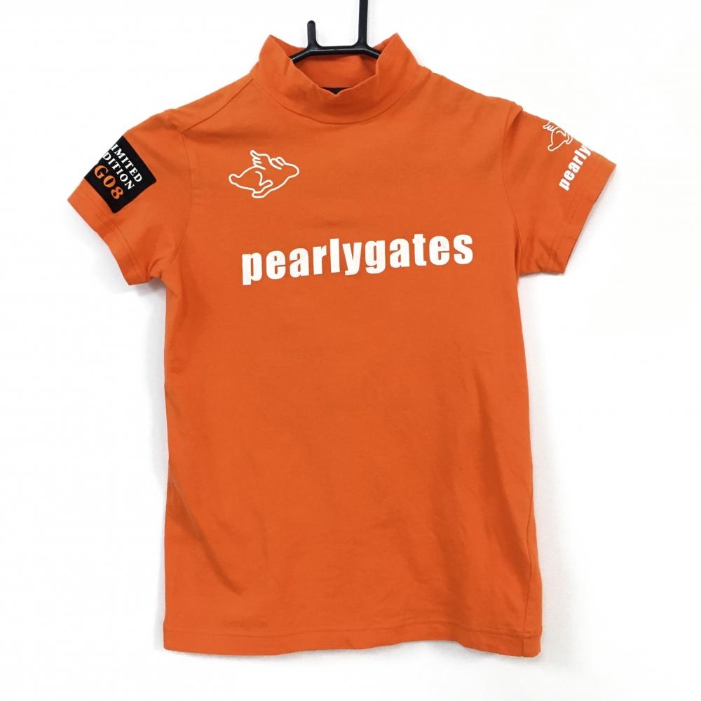 PEARLY GATES パーリーゲイツ 半袖ハイネックシャツ オレンジ×白 フライングラビット ストレッチ  レディース 0(S) ゴルフウェア