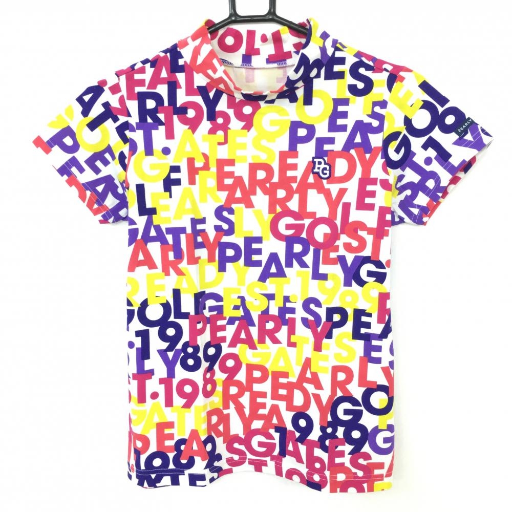 【超美品】2020年＊PEARLY GATES パーリーゲイツ 半袖ハイネックシャツ 白×マルチカラー ロゴプリント 総柄 レディース 0(S) ゴルフウェア