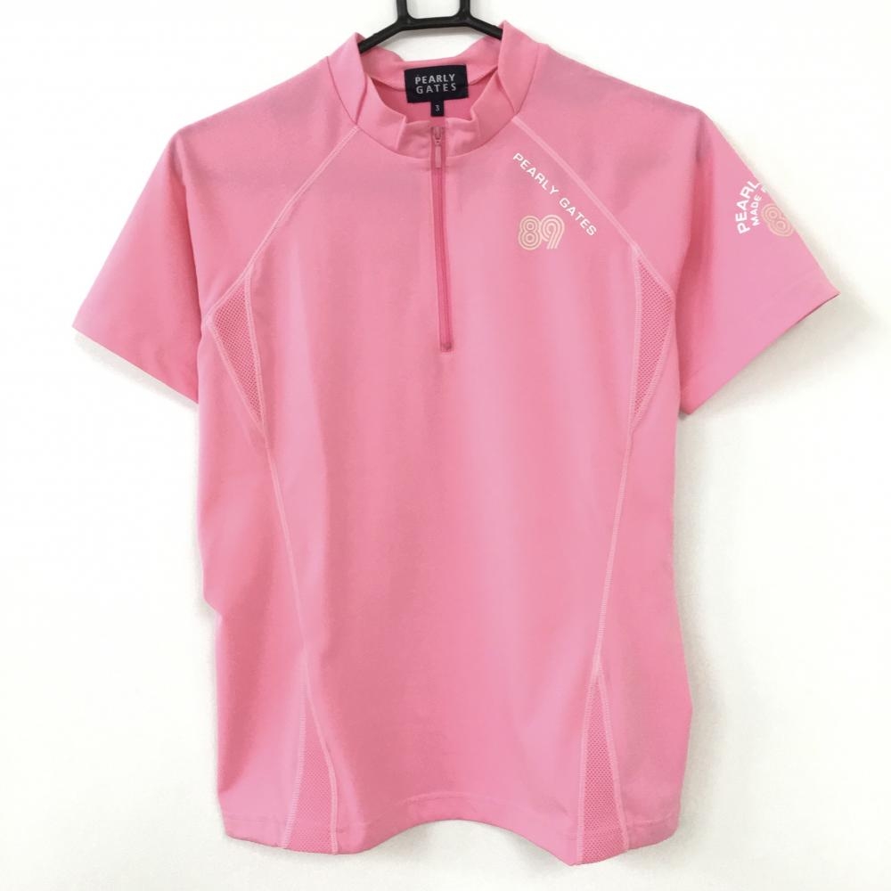 PEARLY GATES パーリーゲイツ 半袖ハイネックシャツ ピンク 一部メッシュ ハーフジップ レディース 3(XL) ゴルフウェア