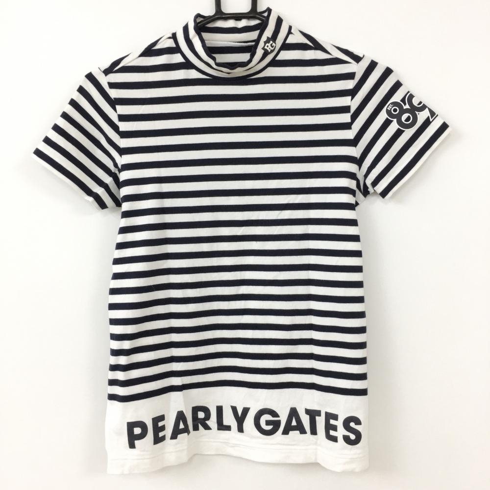 【美品】PEARLY GATES パーリーゲイツ 半袖ハイネックシャツ 白×ネイビー ボーダー柄 ストレッチ レディース 1(M) ゴルフウェア