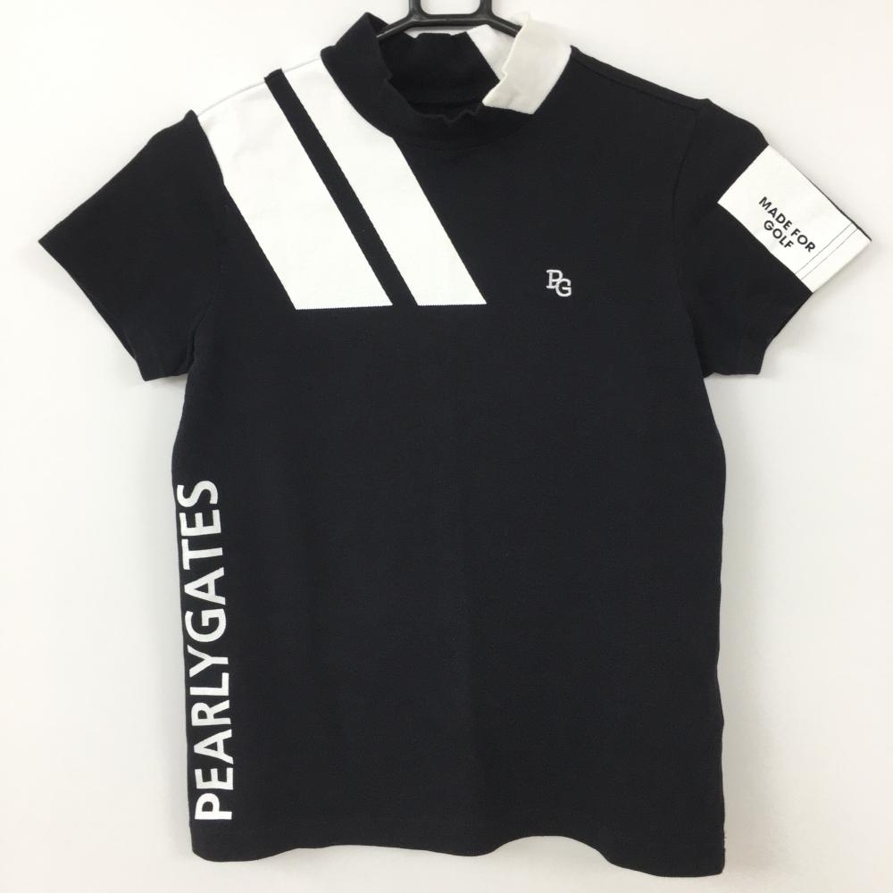 PEARLY GATES パーリーゲイツ 半袖ハイネックシャツ 黒×白 サイドロゴプリント レディース 0(S) ゴルフウェア