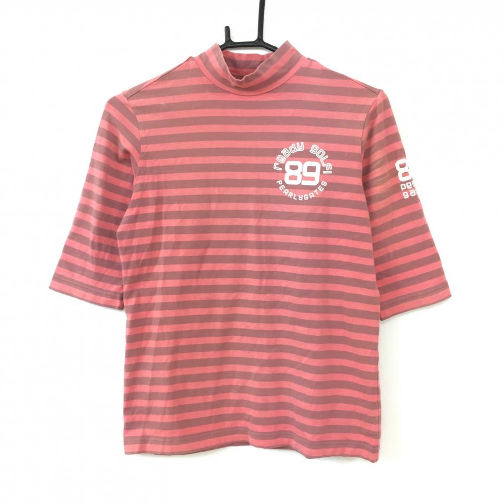 PEARLY GATES パーリーゲイツ 五分袖ハイネックシャツ ピンク×グレー ボーダー バックロゴプリント  レディース 1(Ｍ) ゴルフウェア