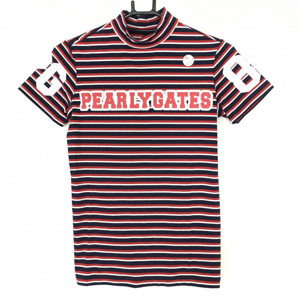 【超美品】パーリーゲイツ 半袖ハイネックシャツ ネイビー×レッド ボーダー トリコロール  レディース 1(M) ゴルフウェア PEARLY GATES