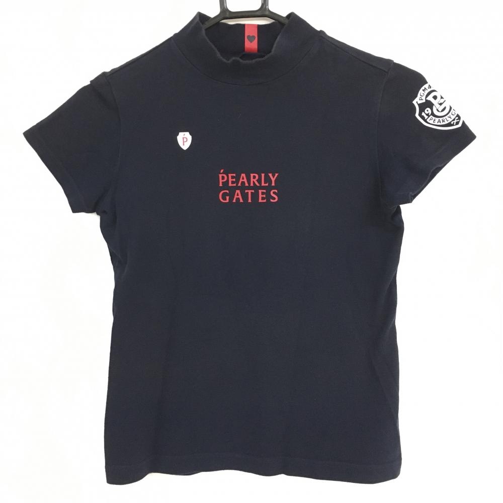 パーリーゲイツ 半袖ハイネックシャツ ネイビー×レッド フロントロゴ  レディース 00(XS) ゴルフウェア 2022年モデル PEARLY GATES