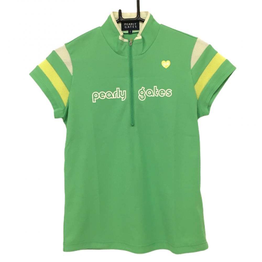 パーリーゲイツ 半袖ハイネックシャツ ライトグリーン×イエロー ハーフジップ 袖一部メッシュ レディース 2(L) ゴルフウェア PEARLY GATES