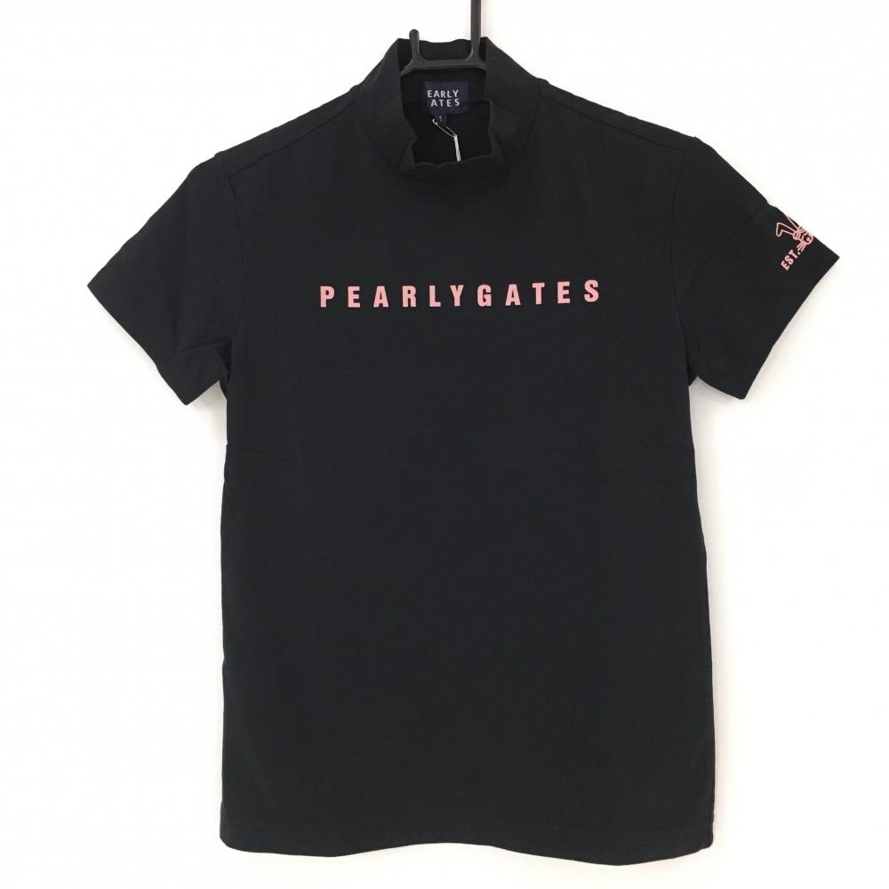 【未使用品】パーリーゲイツ 半袖ハイネックシャツ 黒×ピンク コットン混 紙タグ付  レディース 1(M) ゴルフウェア PEARLY GATES