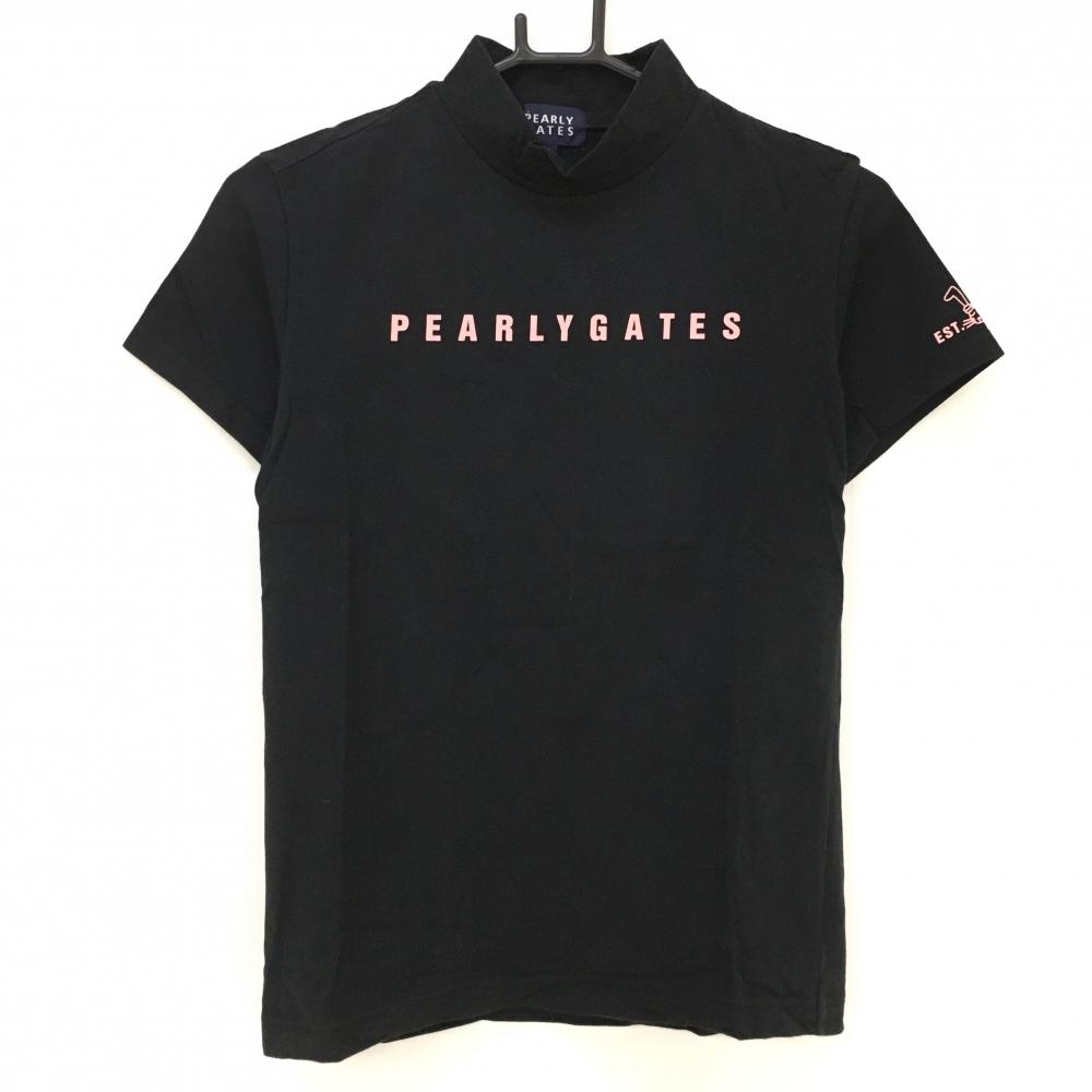 【美品】パーリーゲイツ 半袖ハイネックシャツ 黒×ピンク ロゴプリント レディース 1(M) ゴルフウェア PEARLY GATES