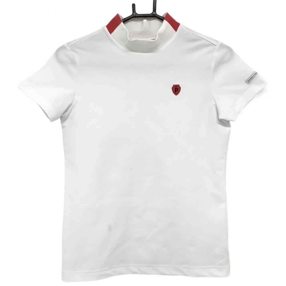 パーリーゲイツ 半袖ハイネックシャツ 白×レッド ネック後ろロゴ  レディース 0(S) ゴルフウェア PEARLY GATES