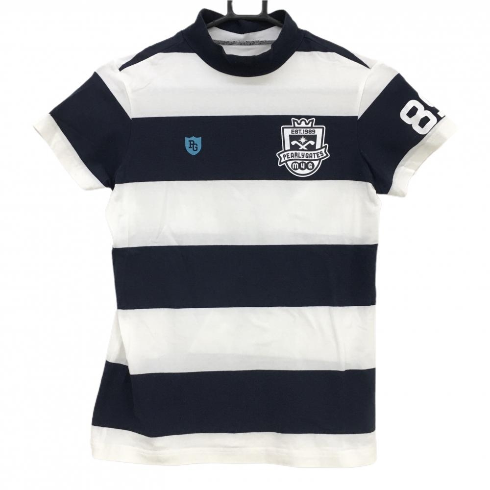 【美品】パーリーゲイツ 半袖ハイネックシャツ 白×ネイビー 太ボーダー コットン混 レディース 0(S) ゴルフウェア PEARLY GATES