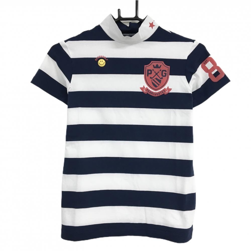 パーリーゲイツ 半袖ハイネックシャツ ネイビー×白 太ボーダー ニコちゃん スマイル  レディース 0(S) ゴルフウェア PEARLY GATES