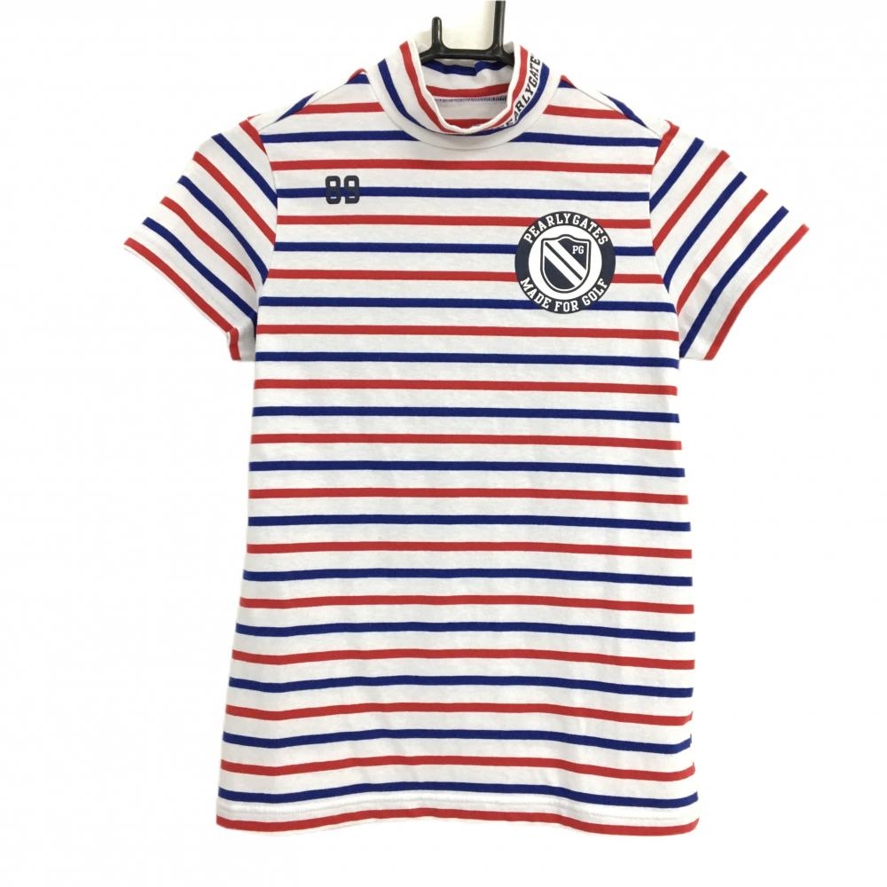 【美品】パーリーゲイツ 半袖ハイネックシャツ 白×レッド×ブルー ボーダー トリコロール レディース 0(S) ゴルフウェア PEARLY GATES