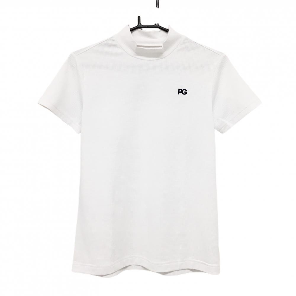 【超美品】パーリーゲイツ 半袖ハイネックシャツ 白 織生地 背面ロゴ  レディース 2(L) ゴルフウェア PEARLY GATES