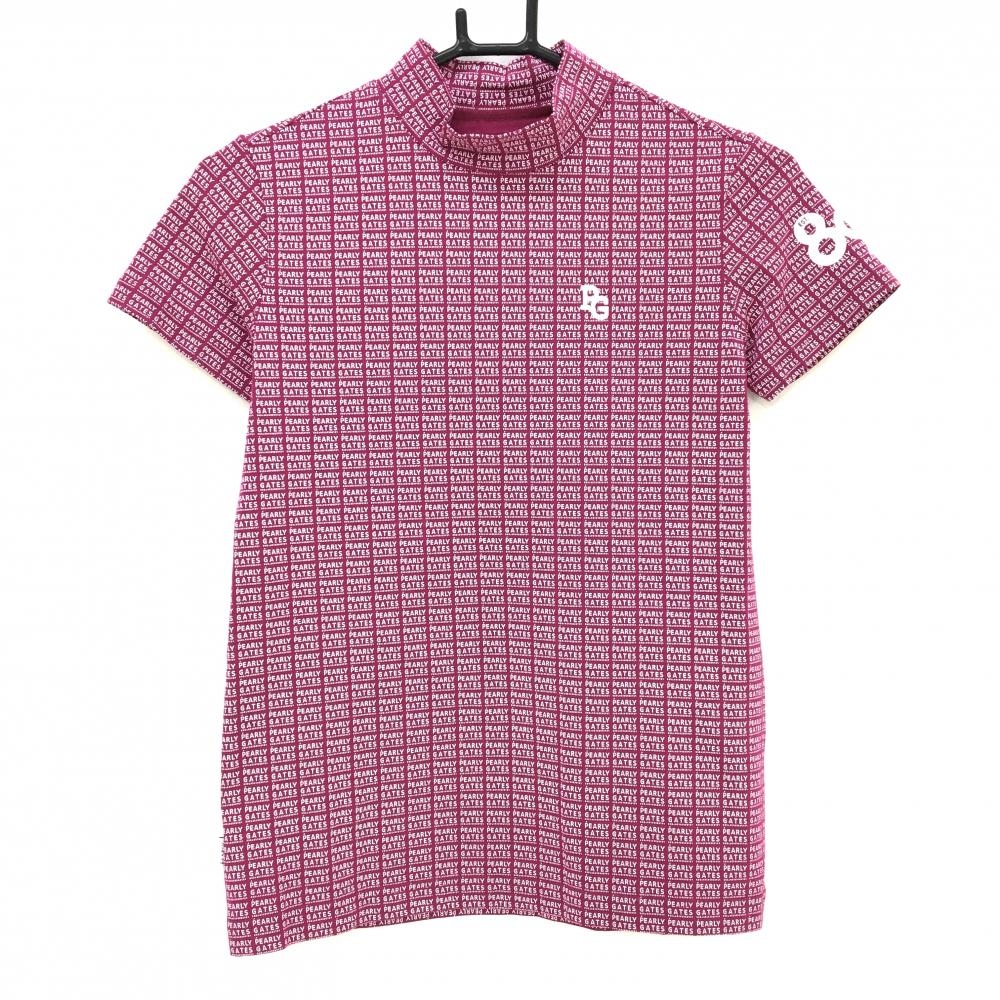 【超美品】パーリーゲイツ 半袖ハイネックシャツ パープル×白 ロゴ総柄 レディース 0(S) ゴルフウェア PEARLY GATES