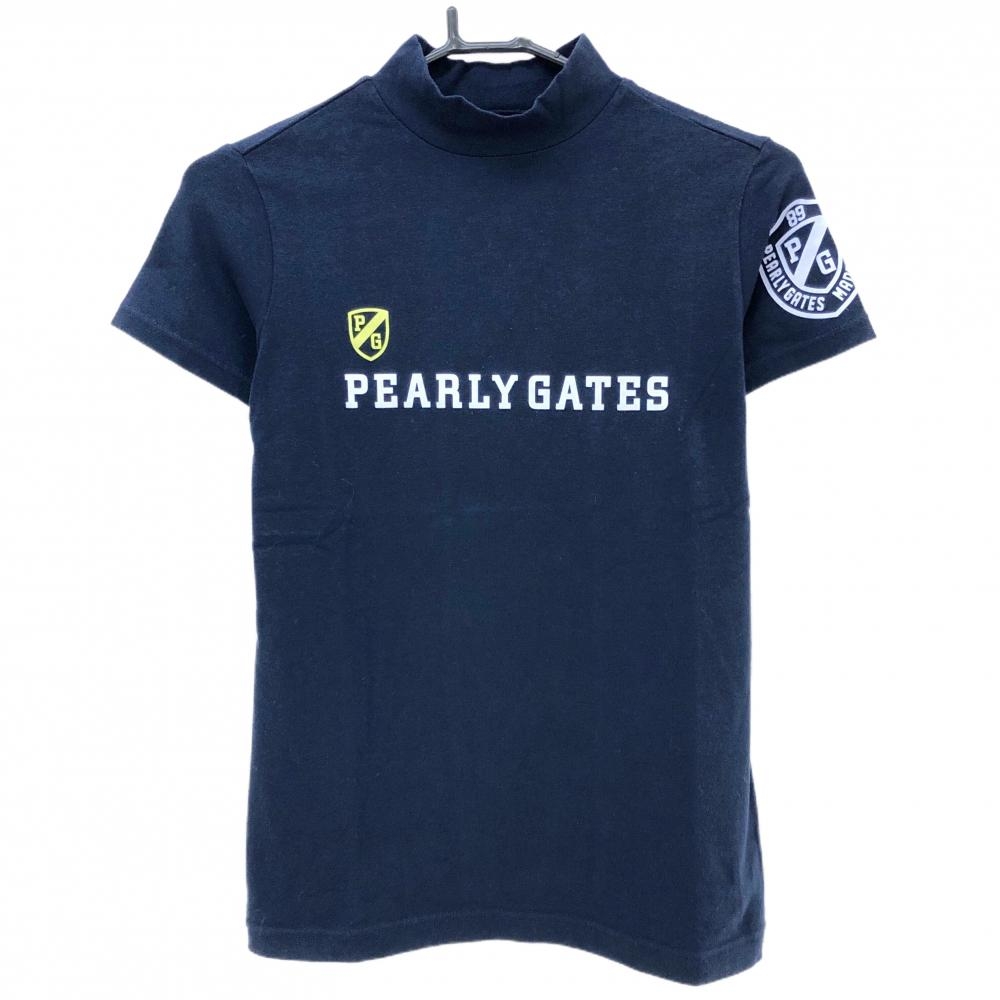 【美品】パーリーゲイツ 半袖ハイネックシャツ ネイビー ロゴプリント レディース 1(M) ゴルフウェア PEARLY GATES