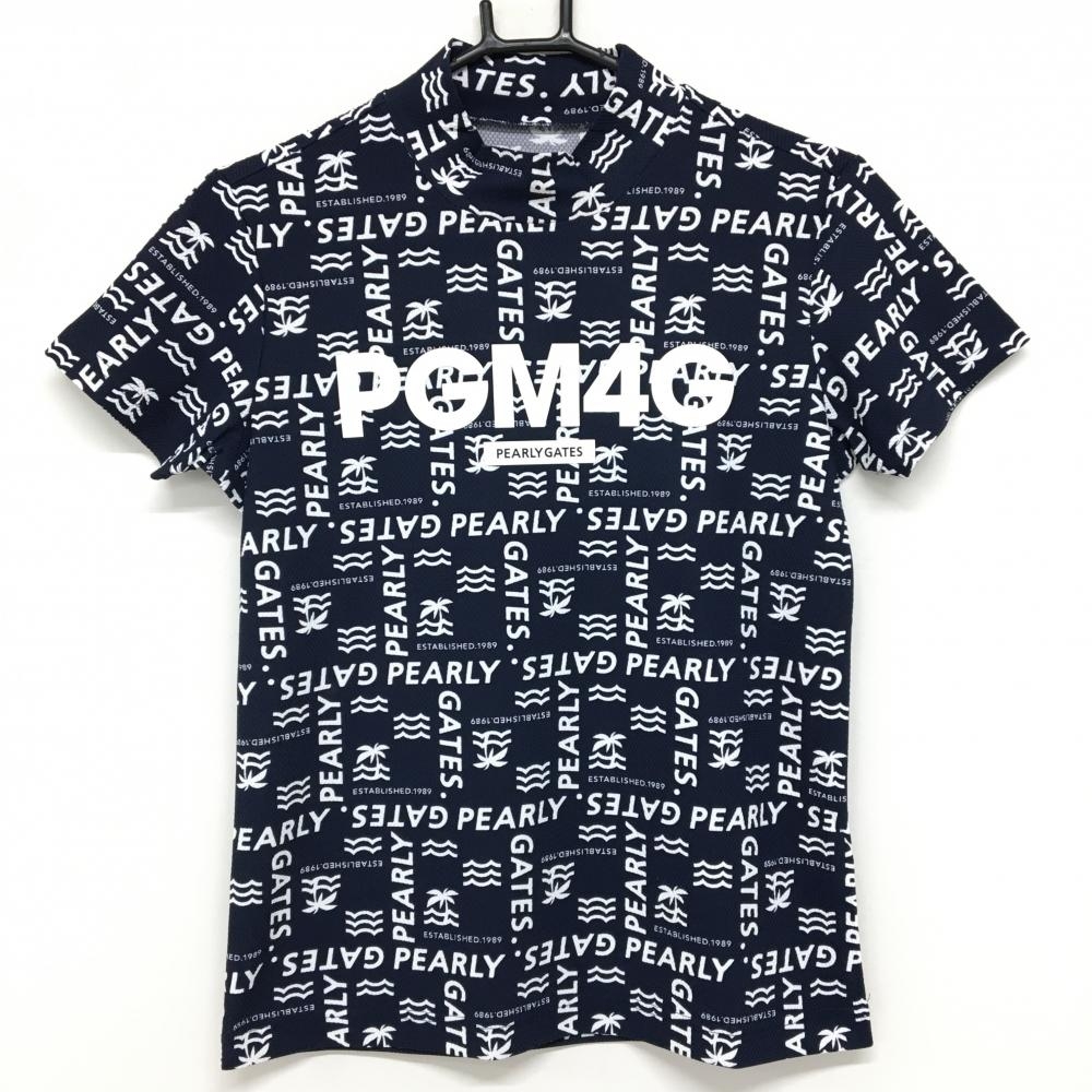 【超美品】パーリーゲイツ 半袖ハイネックシャツ ネイビー×白 フロントロゴ レディース 1(M) ゴルフウェア 2023年モデル PEARLY GATES