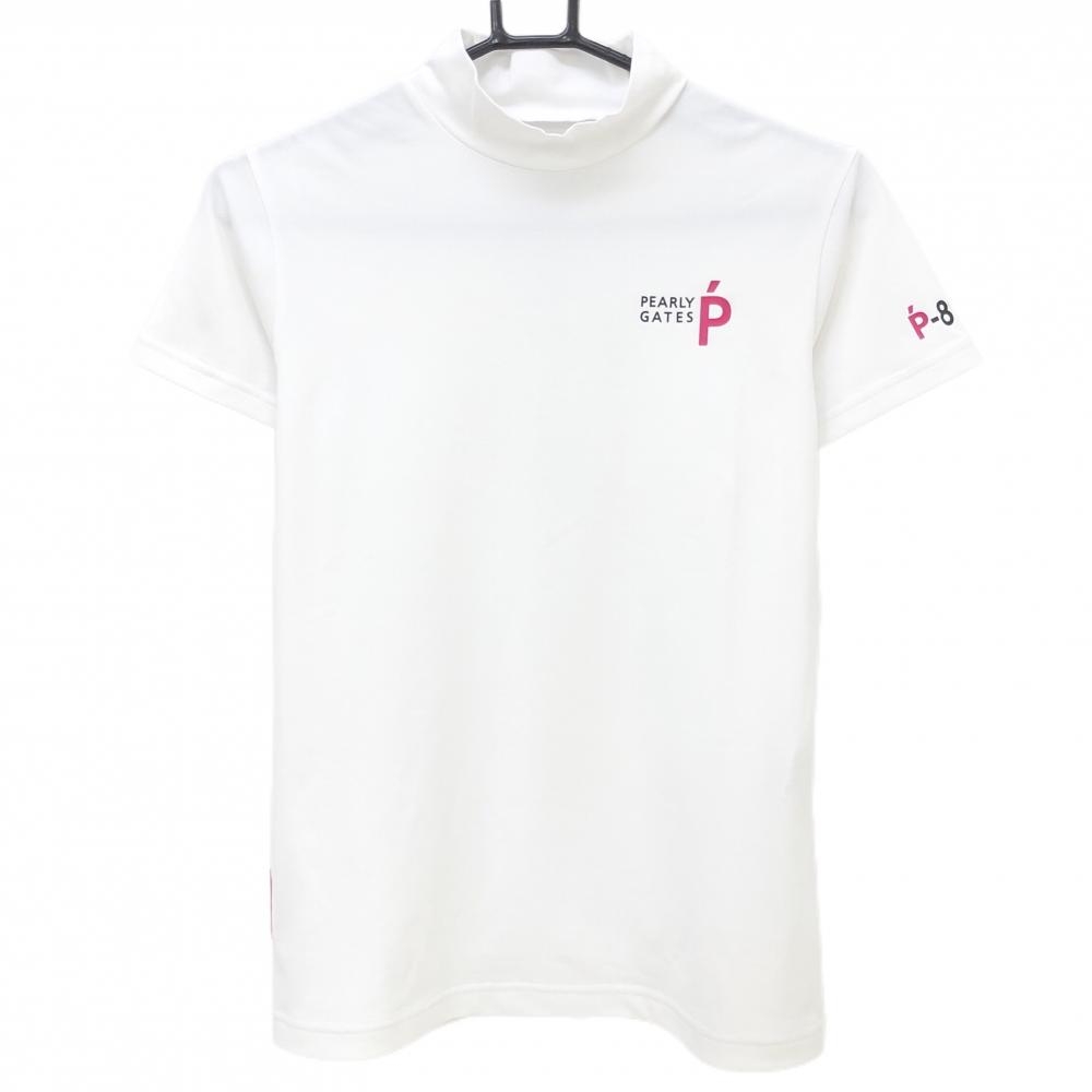 【超美品】パーリーゲイツ 半袖ハイネックシャツ 白 ロゴプリント レディース 1(M) ゴルフウェア 2023年モデル PEARLY GATES