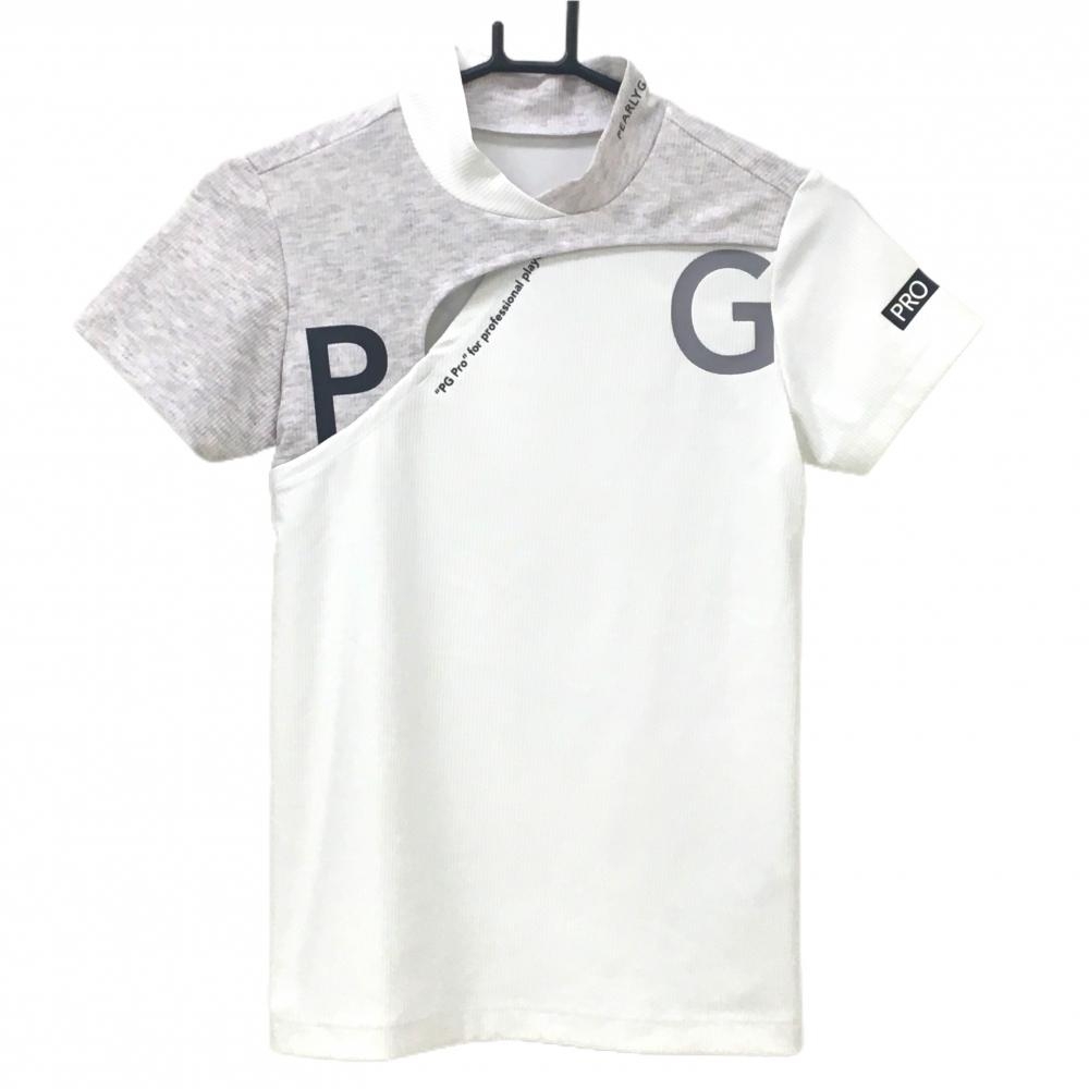 【超美品】パーリーゲイツ 半袖ハイネックシャツ 白×杢グレー ストライプ織生地 レディース 0(S) ゴルフウェア 2024年モデル PEARLY GATES