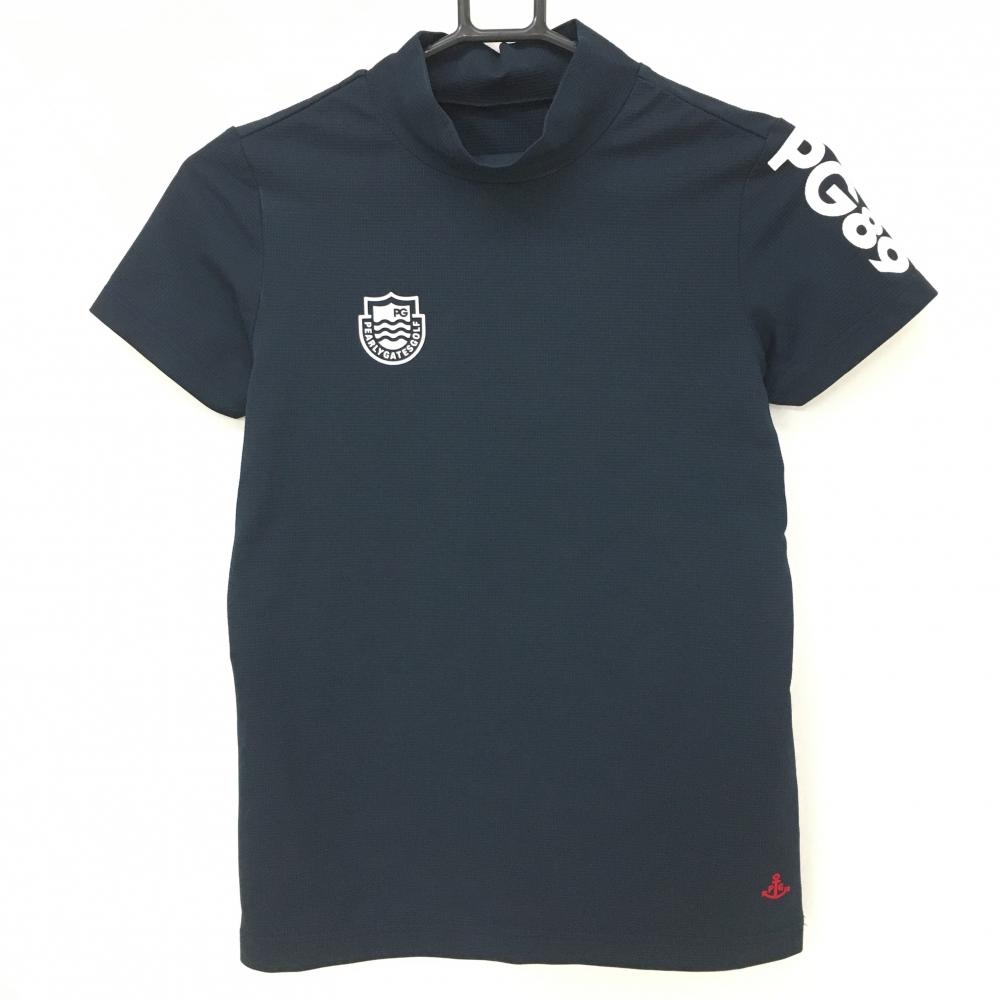 【超美品】パーリーゲイツ 半袖ハイネックシャツ ネイビー×白 ロゴプリント レディース 0(S) ゴルフウェア PEARLY GATES