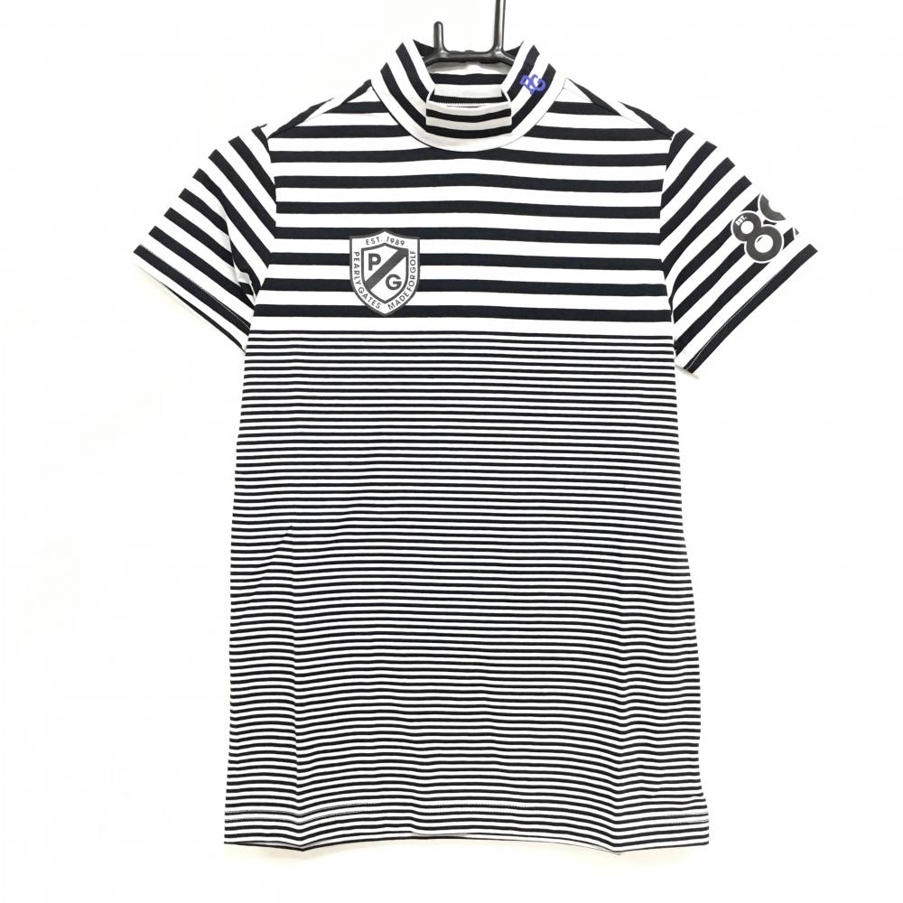 【新品】パーリーゲイツ 半袖ハイネックシャツ 白×ネイビー ボーダー ロゴプリント レディース 0(S) ゴルフウェア PEARLY GATES