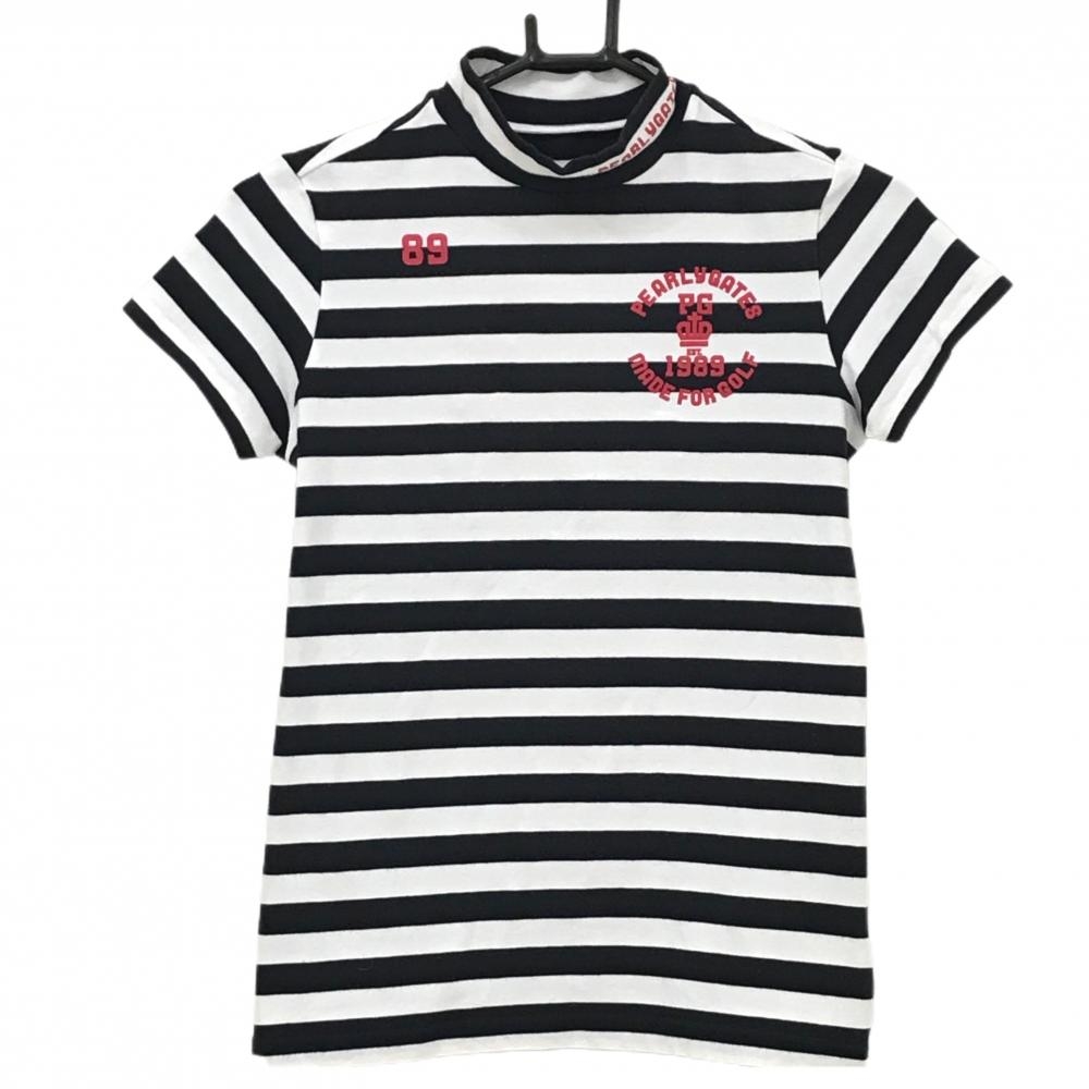 【美品】パーリーゲイツ 半袖ハイネックシャツ ネイビー×白 ロゴ ストレッチ  レディース 1(M) ゴルフウェア PEARLY GATES