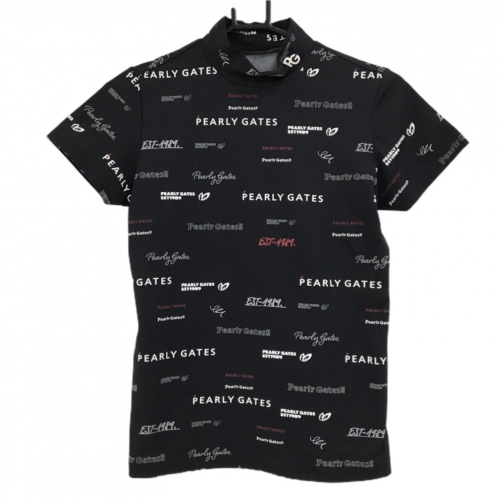 【美品】パーリーゲイツ 半袖ハイネックシャツ 黒×白 ロゴ総柄 ストレッチ レディース  ゴルフウェア PEARLY GATES