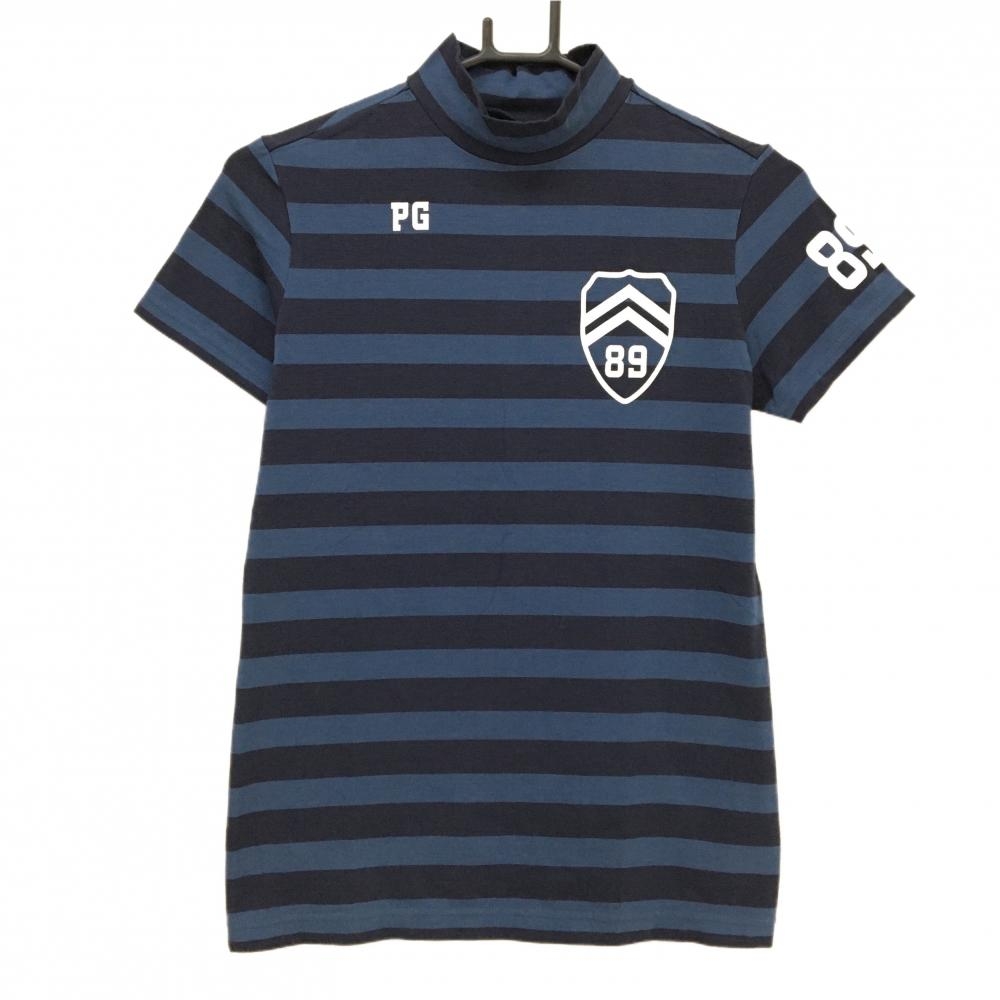 【美品】パーリーゲイツ 半袖ハイネックシャツ ネイビー×ブルー ボーダー ストレッチ ロゴ白  レディース 1(M) ゴルフウェア PEARLY GATES