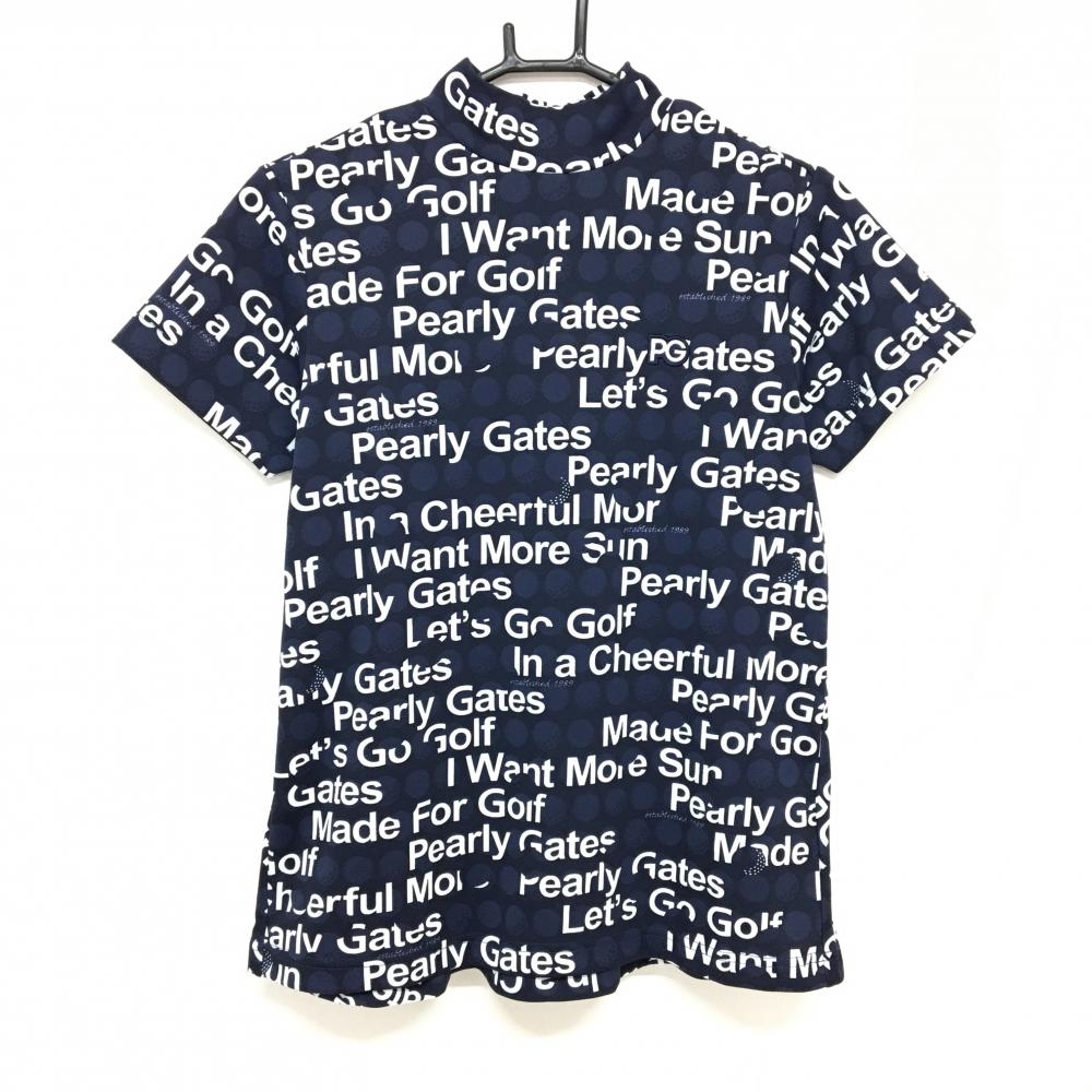 【超美品】パーリーゲイツ 半袖ハイネックシャツ ネイビー×白 ロゴ総柄  レディース 2(L) ゴルフウェア 2024年モデル PEARLY GATES