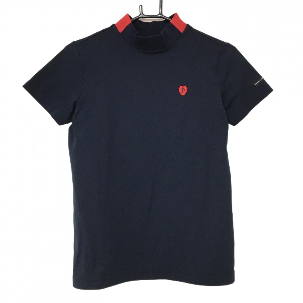 【超美品】パーリーゲイツ 半袖ハイネックシャツ ネイビー×レッド ネックロゴ ストレッチ レディース 1(M) ゴルフウェア PEARLY GATES