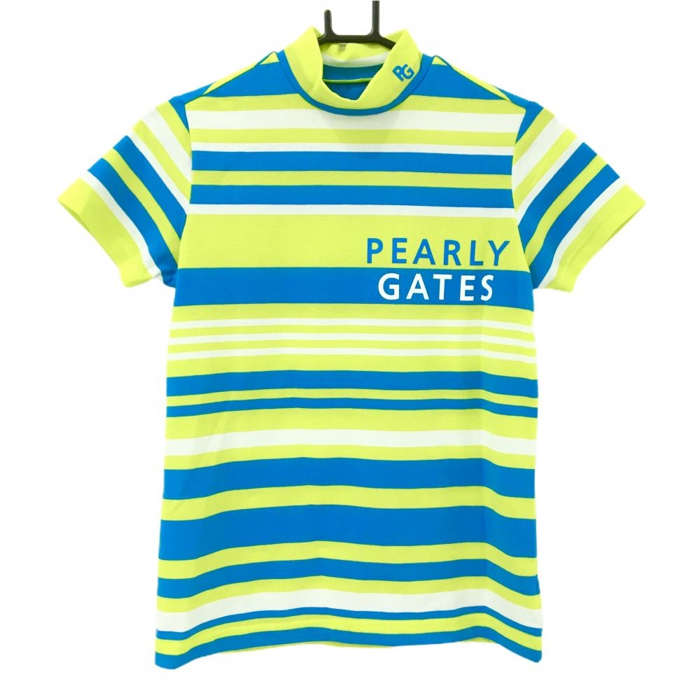 【超美品】パーリーゲイツ 半袖ハイネックシャツ イエローグリーン×ブルー系 レディース 1(M) ゴルフウェア 2024年モデル PEARLY GATES