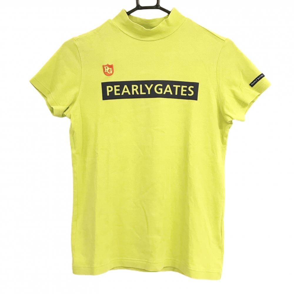 パーリーゲイツ 半袖ハイネックシャツ イエローグリーン×ネイビー ロゴプリント レディース 1(M) ゴルフウェア PEARLY GATES