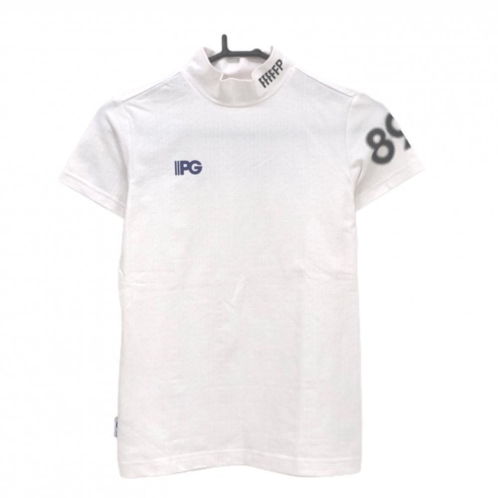 【超美品】パーリーゲイツ 半袖ハイネックシャツ 白 ロゴ総柄地模様 ストレッチ レディース 00(XS) ゴルフウェア PEARLY GATES