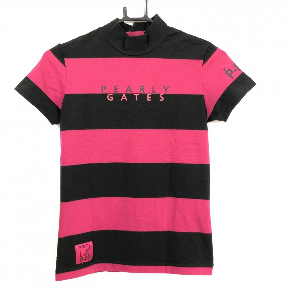 【超美品】パーリーゲイツ 半袖ハイネックシャツ 黒×ピンク ボーダー ストレッチ  レディース 0(S) ゴルフウェア PEARLY GATES