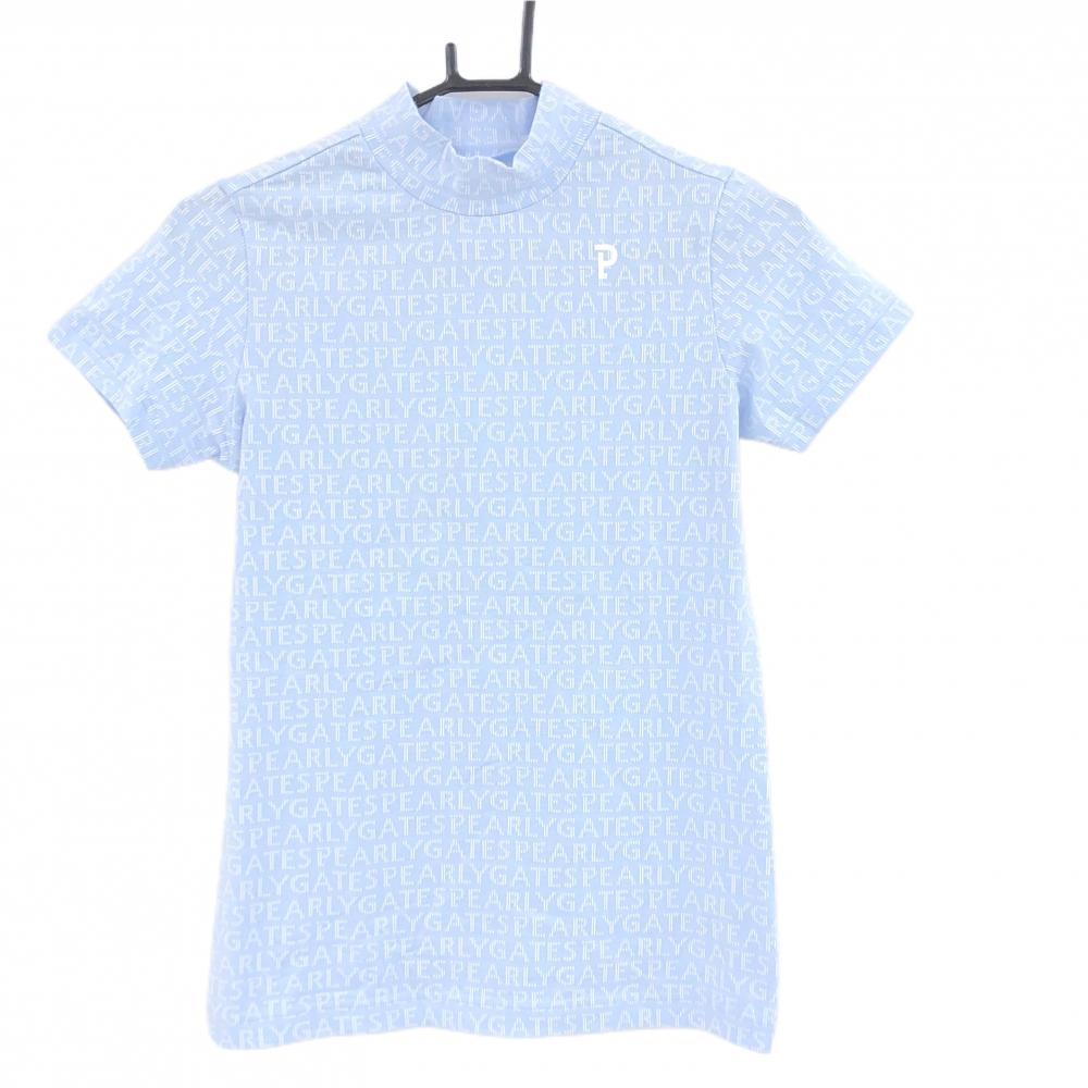 【超美品】パーリーゲイツ 半袖ハイネックシャツ ペールブルー×白 ロゴ総柄 ストレッチ  レディース 0(S) ゴルフウェア PEARLY GATES