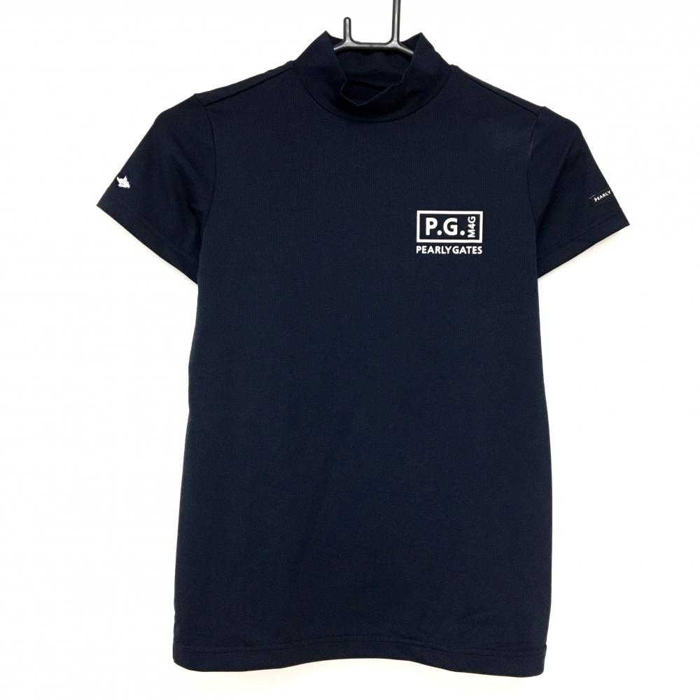 【超美品】パーリーゲイツ 半袖ハイネックシャツ ネイビー×白 バックロゴ ストレッチ レディース 0(S) ゴルフウェア PEARLY GATES