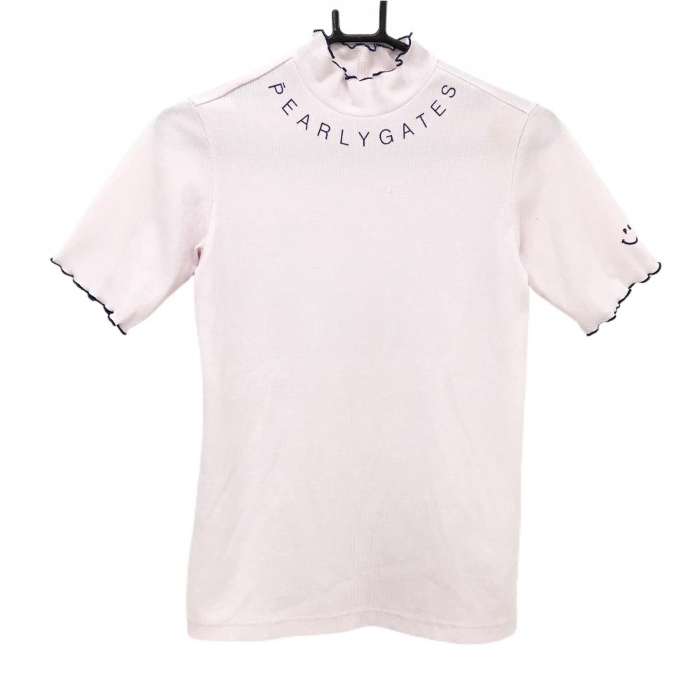 【美品】パーリーゲイツ 半袖ハイネックシャツ ライロピンク ロゴネイビー レディース 1(M) ゴルフウェア 2025年モデル PEARLY GATES